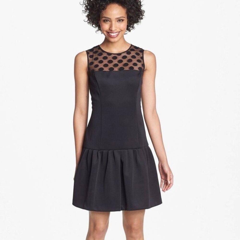 Eliza J Women Dress Sz 4 Black Dot Sleeveless Drop Waist Stretch Scuba Fit Flare
